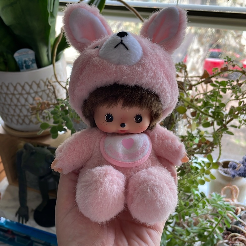 Rare BEBICHHICHI BABY Bunny Monchhichi Doll Toy 5.75” Pink - NO SOOTHER